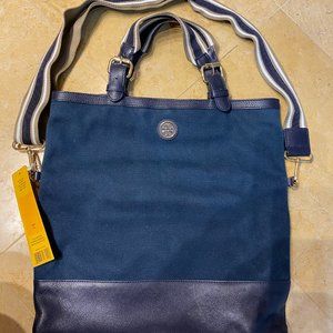 Authentic Tory Burch fold over messenger tote. Leather/canvas, navy blue. New